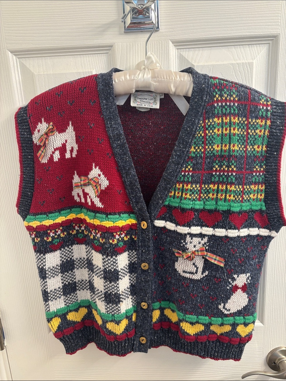 Vintage Sweater Loft Scottie Dog & Cat Knit Vest in Red, Green, Navy- Size L